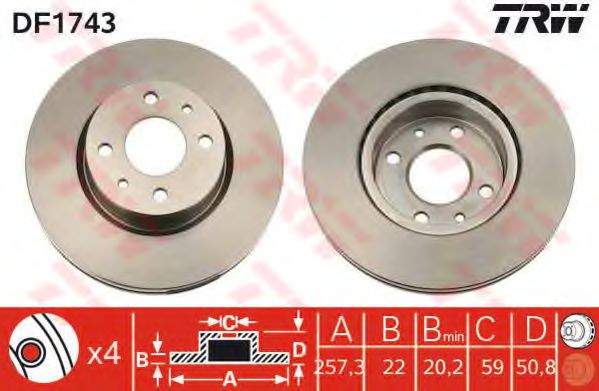 Диск гальмівний ALFA ROMEO, FIAT, LANCIA, передн., вент. (вир-во TRW)  арт. DF1743
