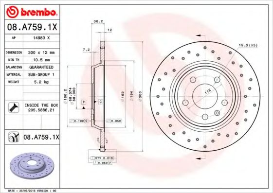 Гальмівний диск зад. Q5 08-/A4 B8 07-/A5 07-/A6 C7 11-/A7 10- (300x36mm)  арт. 08A7591X