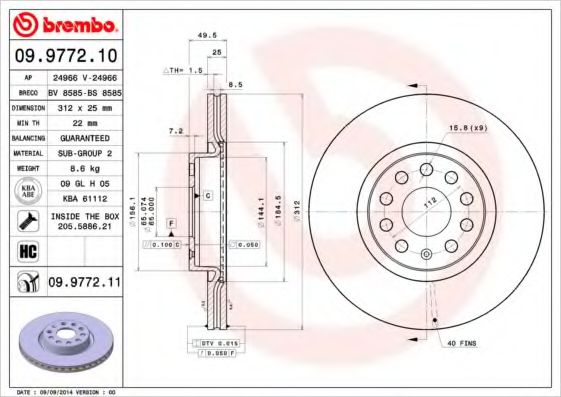 Гальмівний диск пер. Caddy III/IV/Golf/Jetta/Passat/Octavia 05-  арт. 09977211