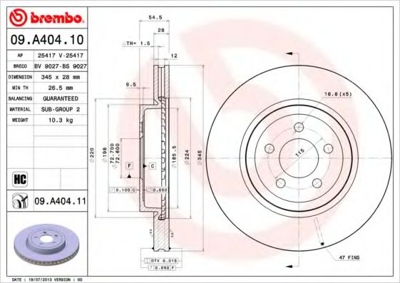 Тормозной диск Brembo  арт. 09A40411