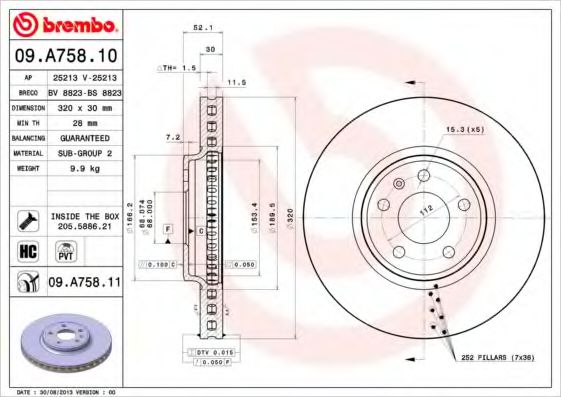 Диск гальмівний передн. (вир-во BREMBO)  арт. 09A75811