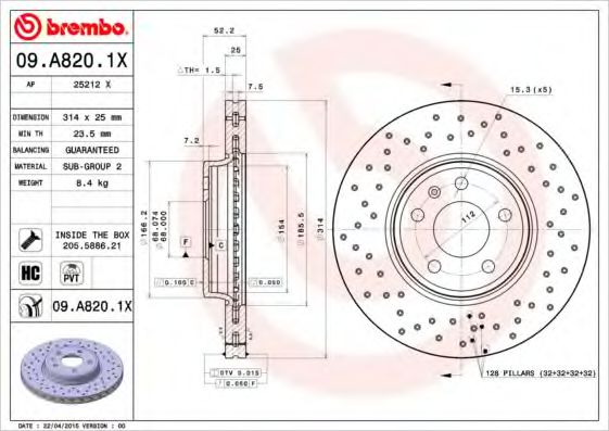 Гальмівний диск пер. A4 B8 08-/A4 B9 15-/A5 07- (314x52mm)(1шт/уп)  арт. 09A8201X